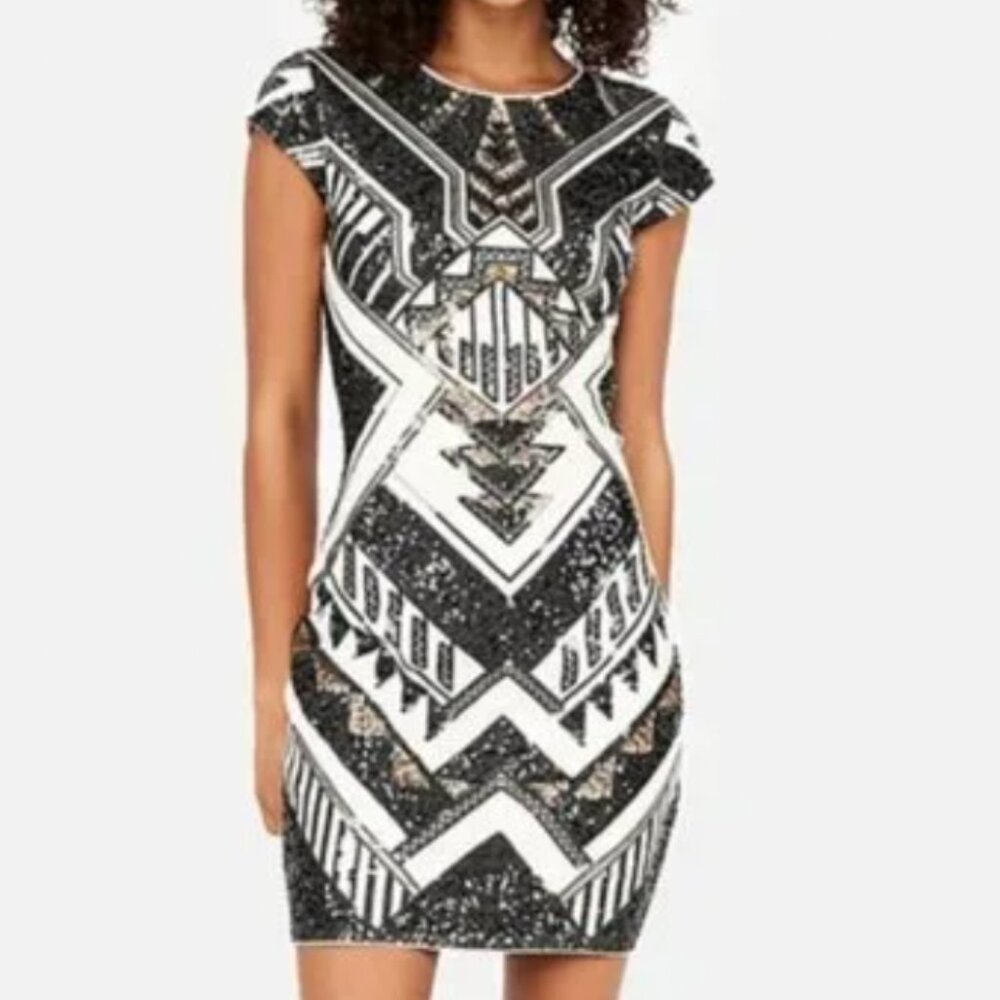 Express White Black Gold Sequin Aztec Deco Mini Dress - Size Medium